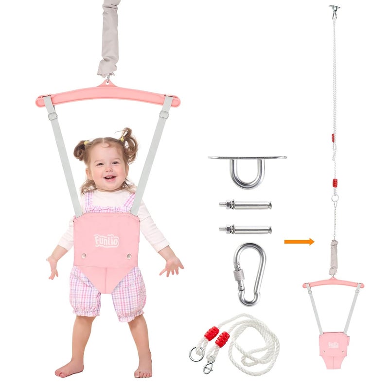 FUNLIO Baby Jumper with a Ceiling Hook for 6-24 Months, Baby Door Jumper for Indoor/Outdoor Play, Infant Jumper Doorway with Adjustable Chain, Easy to Assemble & Store (with a Ceiling Hook) - Pink - Image 1